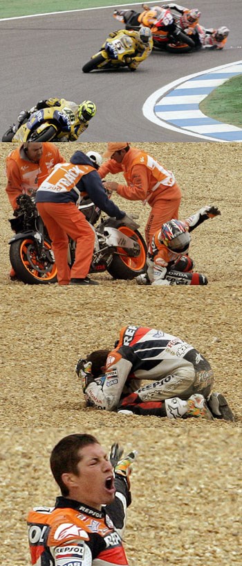 O Pedrosa έπεσε και παρέσυρε εκτός πίστας τον Hayden που είδε εκείνη τη στιγμή τις ελπίδες του για τίτλο να εξανεμίζονται